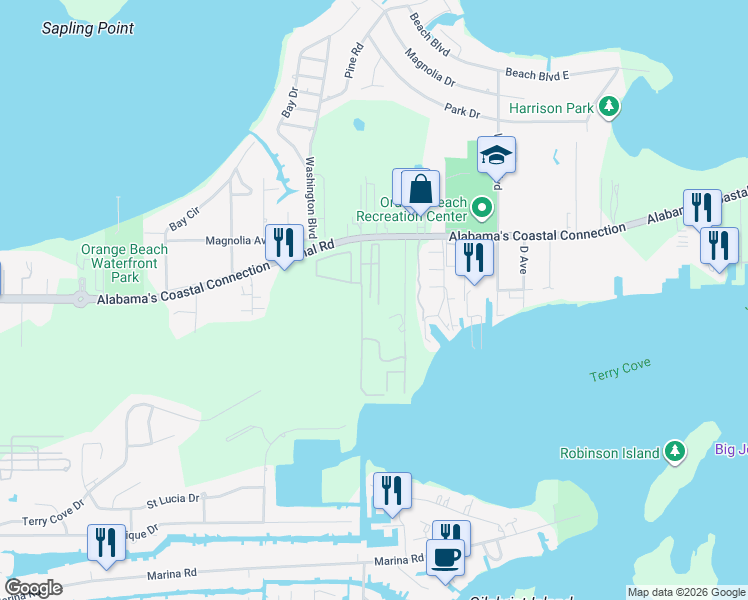 map of restaurants, bars, coffee shops, grocery stores, and more near in Orange Beach