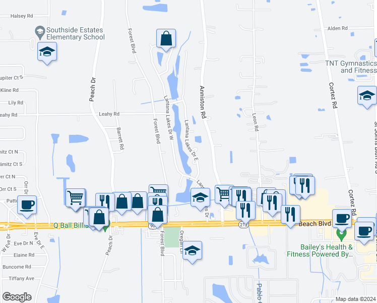 map of restaurants, bars, coffee shops, grocery stores, and more near 2942 Lantana Lakes Drive East in Jacksonville