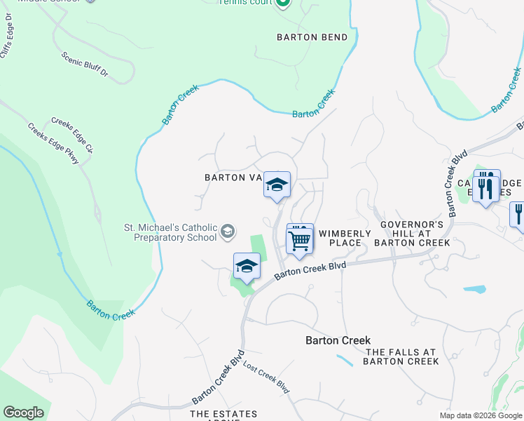 map of restaurants, bars, coffee shops, grocery stores, and more near 2500 Wimberly Lane in Austin