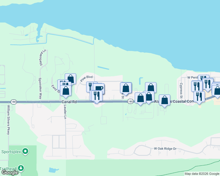 map of restaurants, bars, coffee shops, grocery stores, and more near 24910 Wolf Bay Terrace in Orange Beach