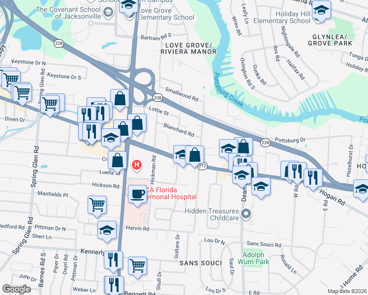 map of restaurants, bars, coffee shops, grocery stores, and more near 6269 Beach Boulevard in Jacksonville