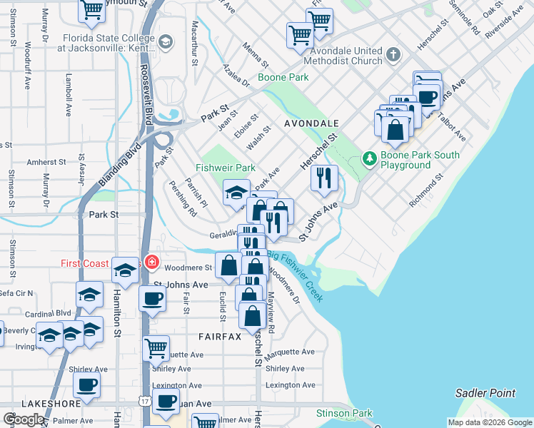 map of restaurants, bars, coffee shops, grocery stores, and more near 1714 Canterbury Street in Jacksonville