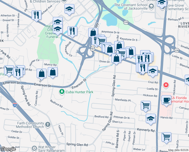 map of restaurants, bars, coffee shops, grocery stores, and more near 5115 Cruz Road in Jacksonville