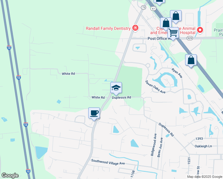 map of restaurants, bars, coffee shops, grocery stores, and more near 15253 Old Jefferson Highway in Prairieville