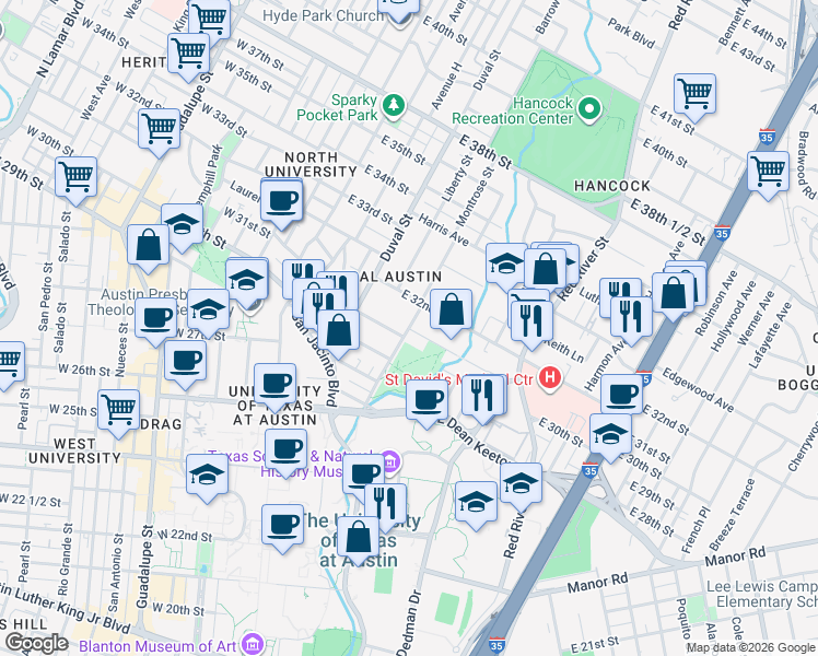 map of restaurants, bars, coffee shops, grocery stores, and more near Harris Park Avenue in Austin