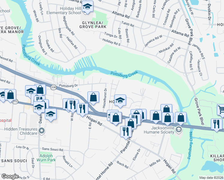 map of restaurants, bars, coffee shops, grocery stores, and more near 1618 El Camino Road in Jacksonville