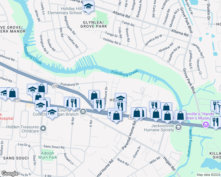 map of restaurants, bars, coffee shops, grocery stores, and more near 1615 Hazelhurst Drive in Jacksonville