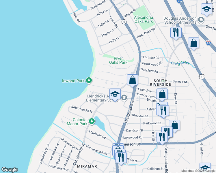map of restaurants, bars, coffee shops, grocery stores, and more near 3137 Wellesley Square in Jacksonville