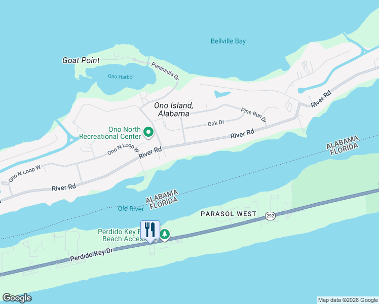 map of restaurants, bars, coffee shops, grocery stores, and more near 31140 River Road in Orange Beach