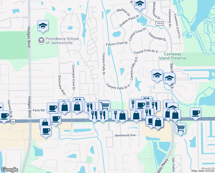 map of restaurants, bars, coffee shops, grocery stores, and more near 14017 Canyon Falls Drive East in Jacksonville
