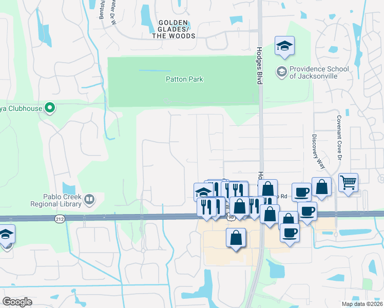 map of restaurants, bars, coffee shops, grocery stores, and more near 2990 Brougham in Jacksonville