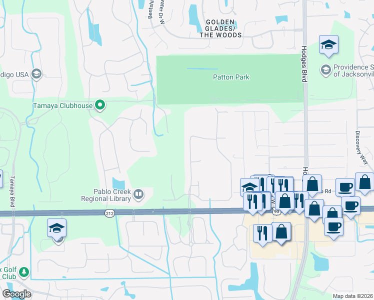map of restaurants, bars, coffee shops, grocery stores, and more near 2950 Lucena Lane in Jacksonville