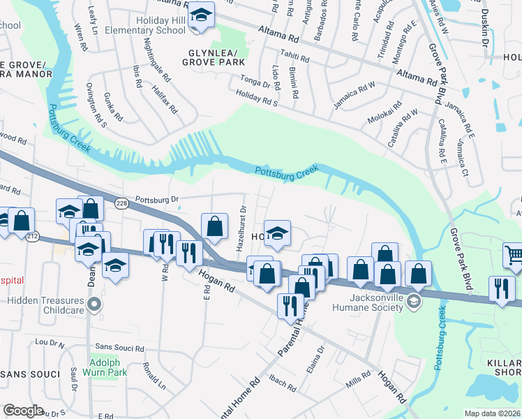 map of restaurants, bars, coffee shops, grocery stores, and more near 1615 Hazelhurst Drive in Jacksonville