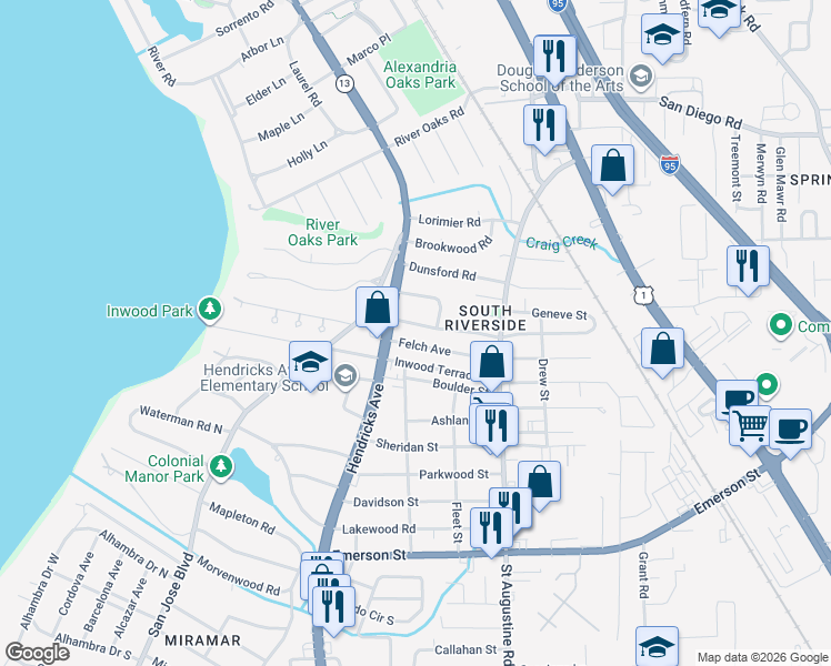 map of restaurants, bars, coffee shops, grocery stores, and more near 1514 Kingswood Road in Jacksonville