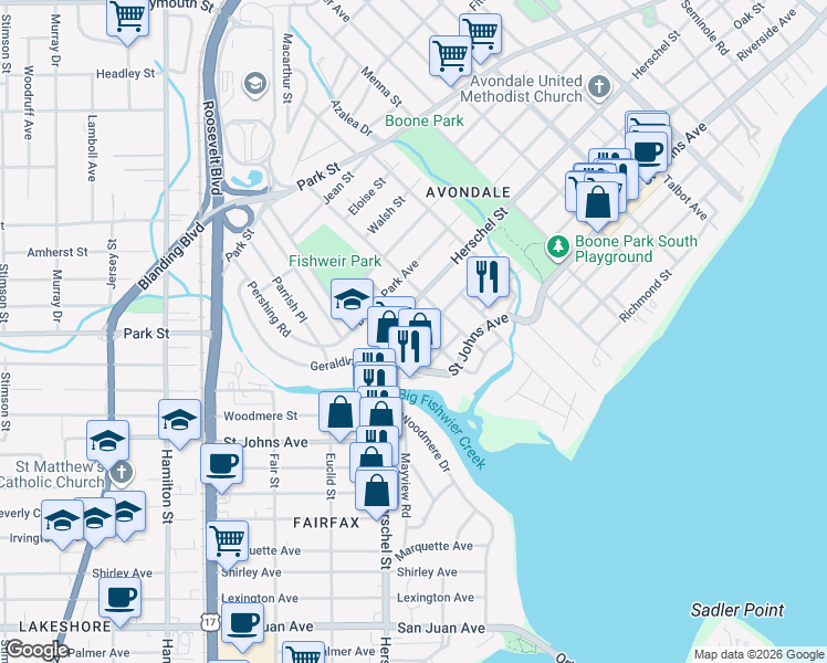 map of restaurants, bars, coffee shops, grocery stores, and more near 1714 Canterbury Street in Jacksonville