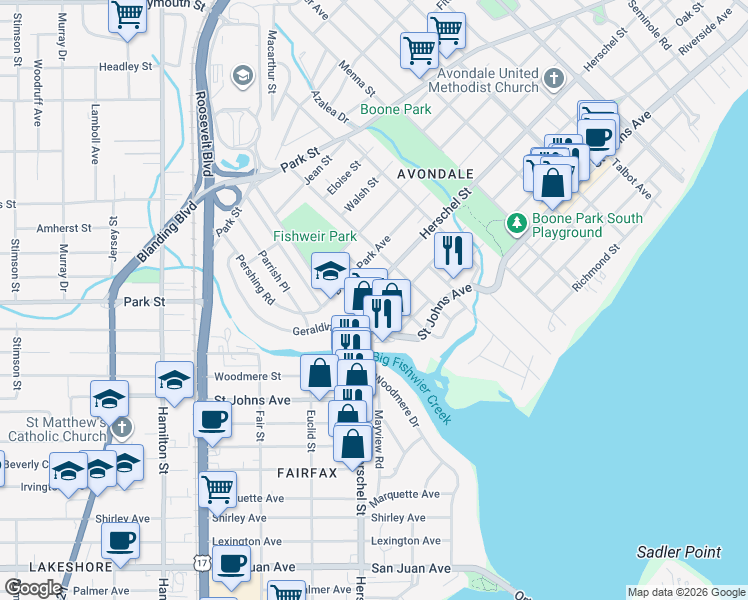 map of restaurants, bars, coffee shops, grocery stores, and more near 1714 Canterbury Street in Jacksonville