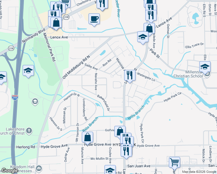 map of restaurants, bars, coffee shops, grocery stores, and more near 1523 Montrose Avenue East in Jacksonville