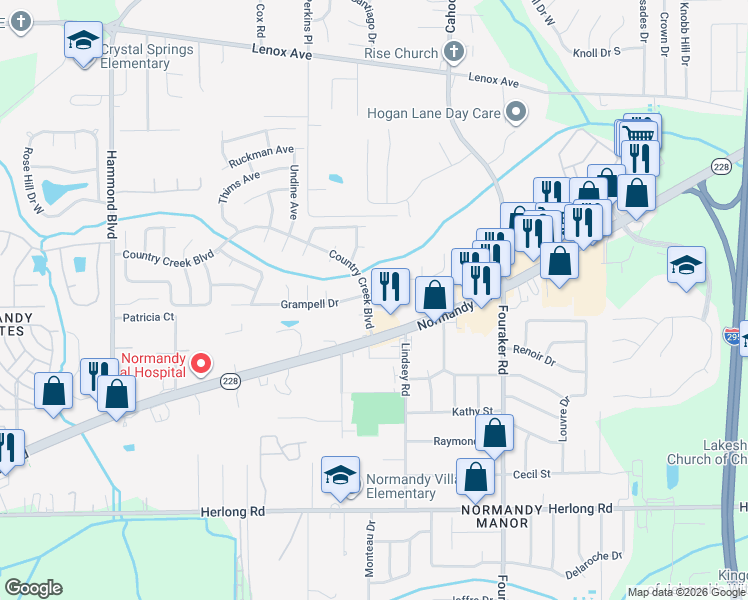 map of restaurants, bars, coffee shops, grocery stores, and more near 8310 Country Creek Boulevard in Jacksonville