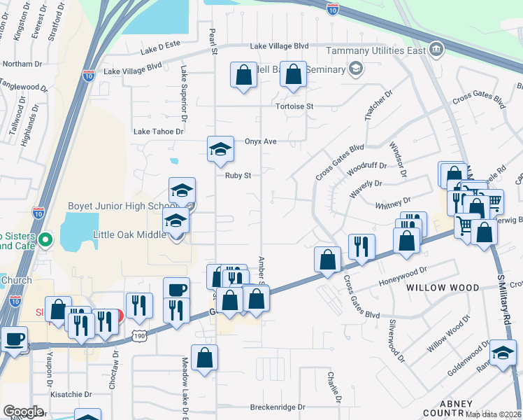 map of restaurants, bars, coffee shops, grocery stores, and more near 108 Dublin Court in Slidell