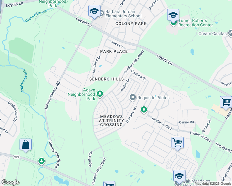 map of restaurants, bars, coffee shops, grocery stores, and more near 6104 Perlita Drive in Austin