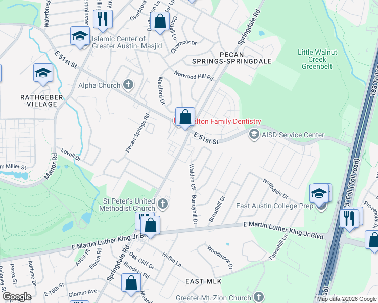 map of restaurants, bars, coffee shops, grocery stores, and more near 4508 Night Owl Lane in Austin