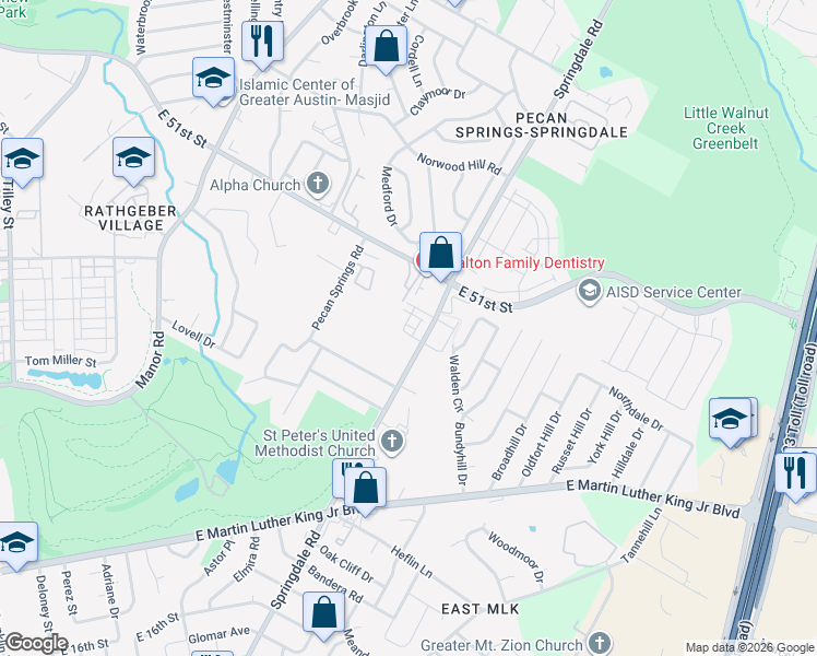 map of restaurants, bars, coffee shops, grocery stores, and more near 4809 Pecan Springs Road in Austin
