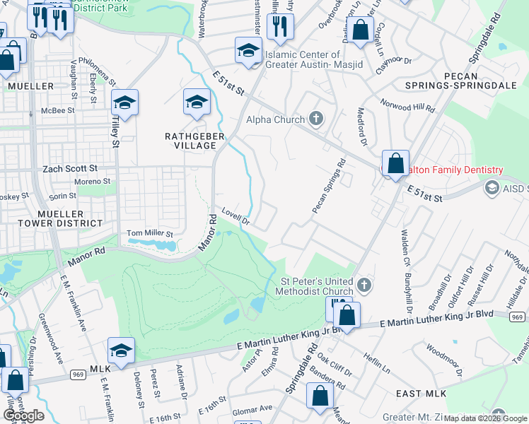 map of restaurants, bars, coffee shops, grocery stores, and more near 4613 Windy Brook Drive in Austin