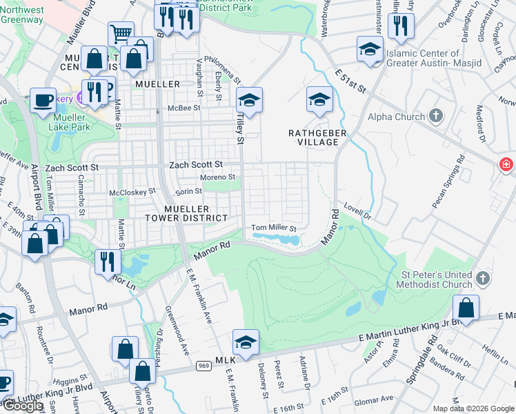 map of restaurants, bars, coffee shops, grocery stores, and more near Taniguchi Street in Austin