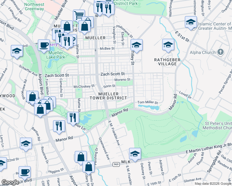 map of restaurants, bars, coffee shops, grocery stores, and more near 4015 Vaughan Street in Austin