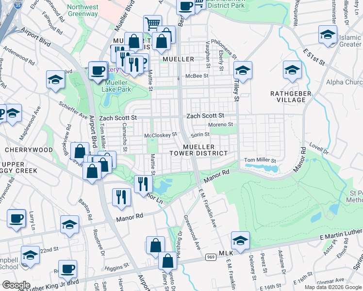 map of restaurants, bars, coffee shops, grocery stores, and more near in Austin