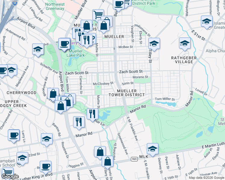 map of restaurants, bars, coffee shops, grocery stores, and more near 2132 Emma Long Street in Austin