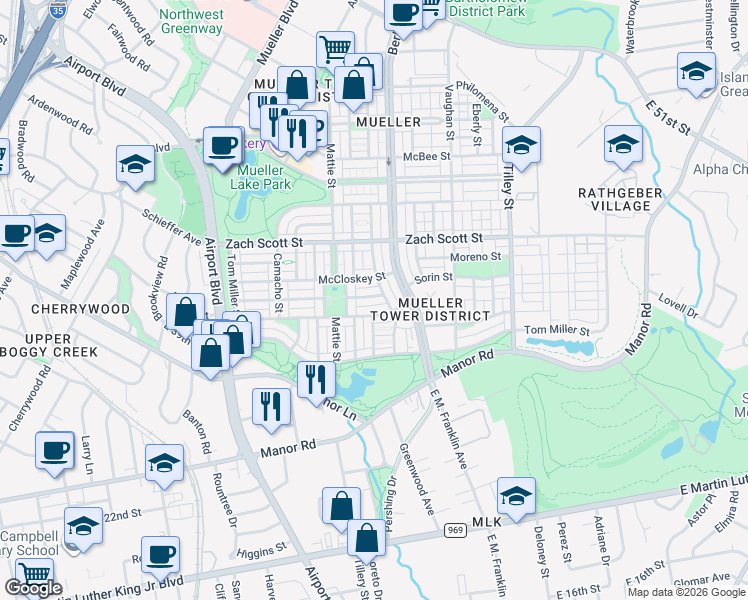 map of restaurants, bars, coffee shops, grocery stores, and more near 2132 Emma Long Street in Austin