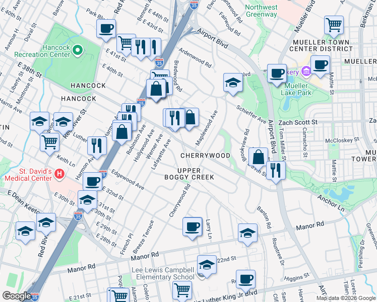 map of restaurants, bars, coffee shops, grocery stores, and more near 3809a Maplewood Avenue in Austin
