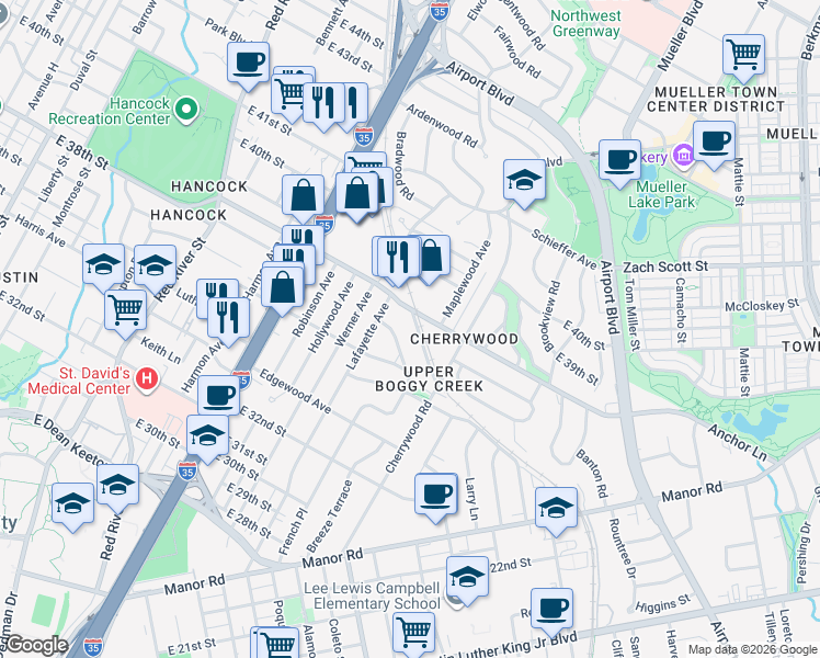 map of restaurants, bars, coffee shops, grocery stores, and more near 3714 Clarkson Avenue in Austin
