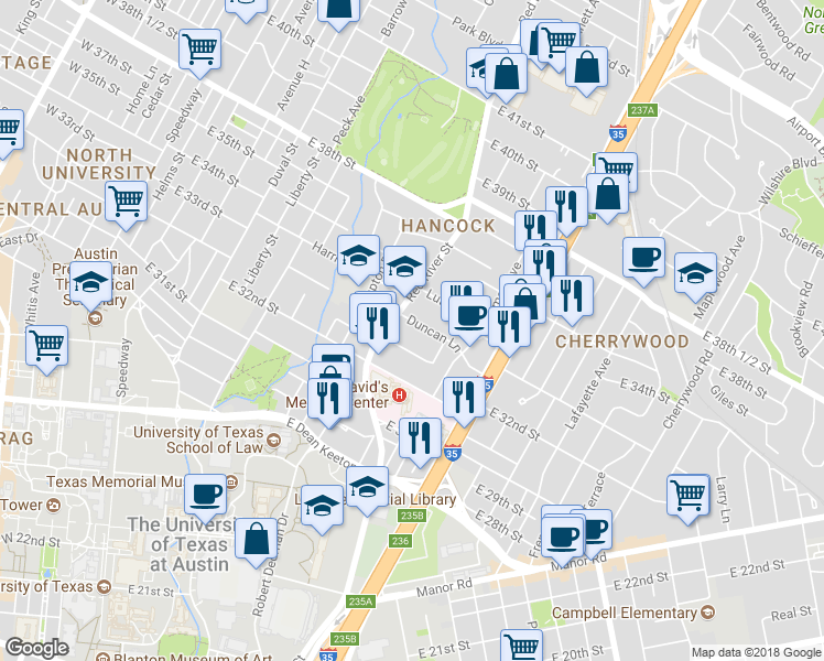 map of restaurants, bars, coffee shops, grocery stores, and more near 908 Duncan Lane in Austin