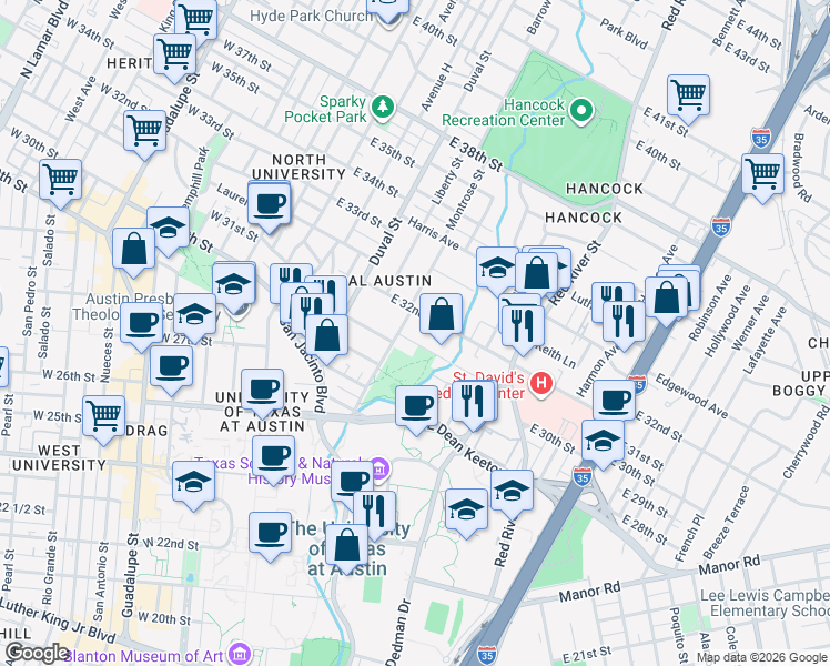 map of restaurants, bars, coffee shops, grocery stores, and more near 3111 Harris Park Avenue in Austin