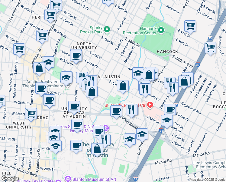 map of restaurants, bars, coffee shops, grocery stores, and more near 3111 Harris Park Avenue in Austin