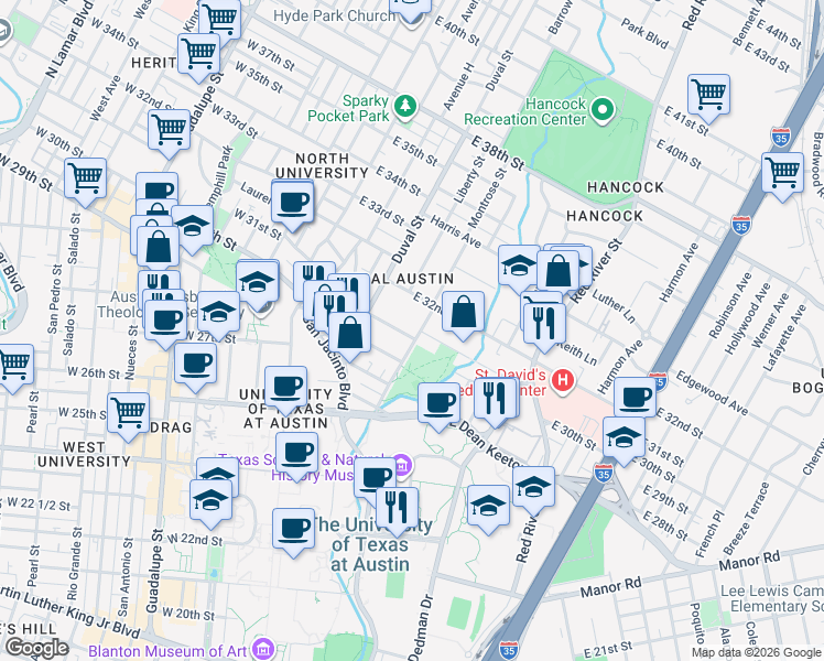 map of restaurants, bars, coffee shops, grocery stores, and more near 606 Rathervue Place in Austin