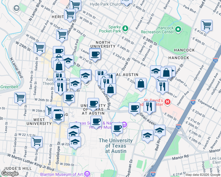 map of restaurants, bars, coffee shops, grocery stores, and more near 3006 Duval Street in Austin