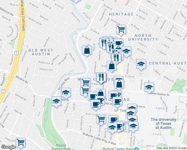 map of restaurants, bars, coffee shops, grocery stores, and more near 2614 San Pedro Street in Austin