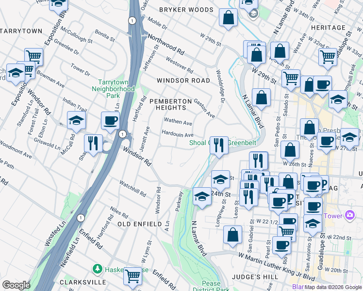 map of restaurants, bars, coffee shops, grocery stores, and more near 1500 Wooldridge Drive in Austin