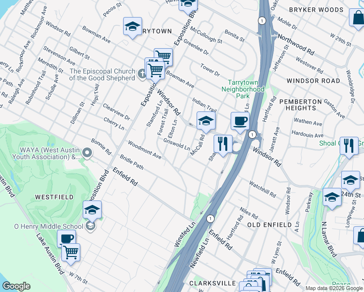 map of restaurants, bars, coffee shops, grocery stores, and more near 1903 Vista Lane in Austin