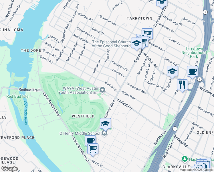 map of restaurants, bars, coffee shops, grocery stores, and more near 2804 Bonnie Road in Austin