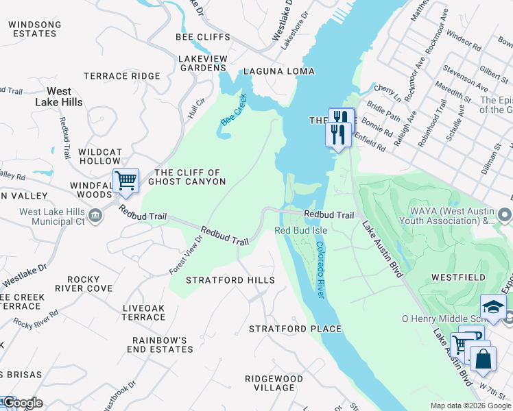 map of restaurants, bars, coffee shops, grocery stores, and more near Redbud Trail in Austin