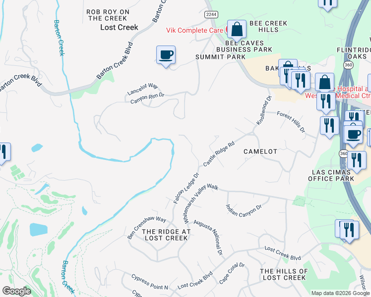 map of restaurants, bars, coffee shops, grocery stores, and more near 1106 Falcon Ledge Drive in Austin