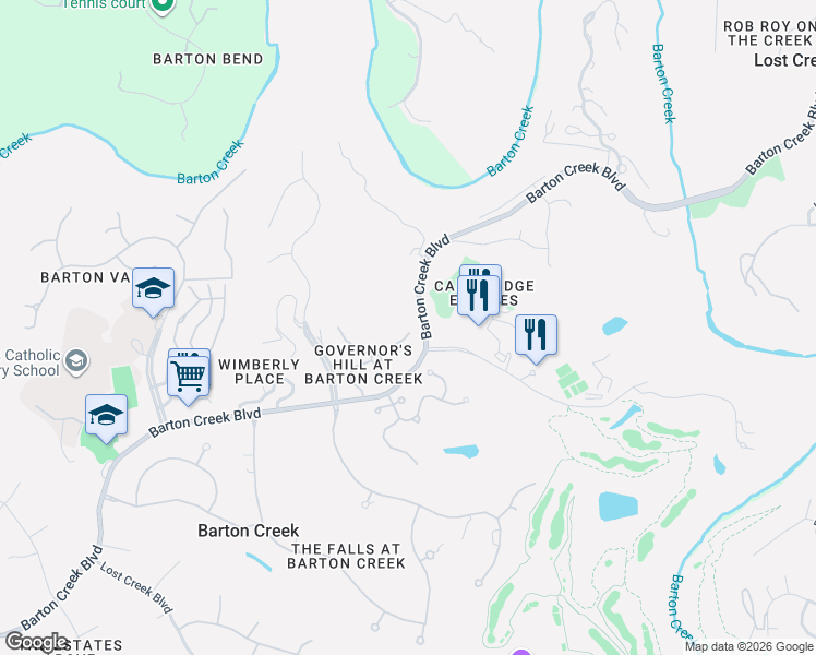 map of restaurants, bars, coffee shops, grocery stores, and more near 1906 Barton Creek Boulevard in Austin