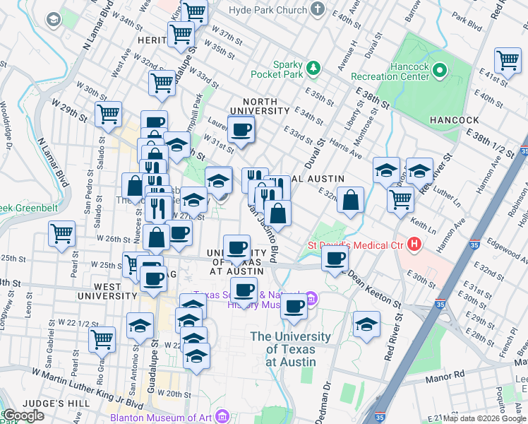 map of restaurants, bars, coffee shops, grocery stores, and more near 2911 San Jacinto Boulevard in Austin