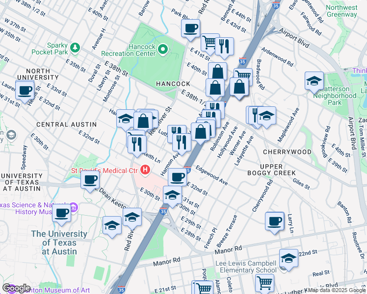map of restaurants, bars, coffee shops, grocery stores, and more near 1017 Concordia Avenue in Austin