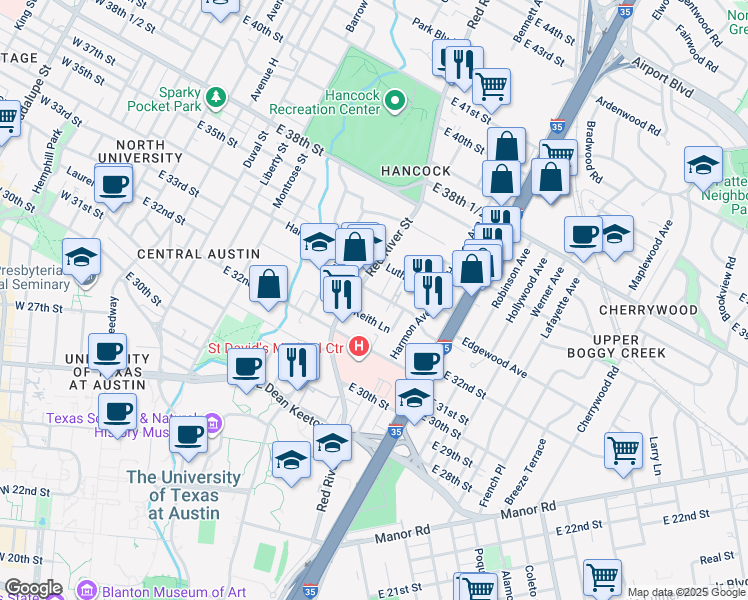 map of restaurants, bars, coffee shops, grocery stores, and more near 907 Duncan Lane in Austin