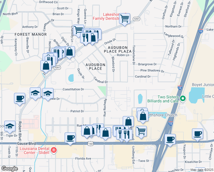 map of restaurants, bars, coffee shops, grocery stores, and more near 801 Rue Rochelle in Slidell